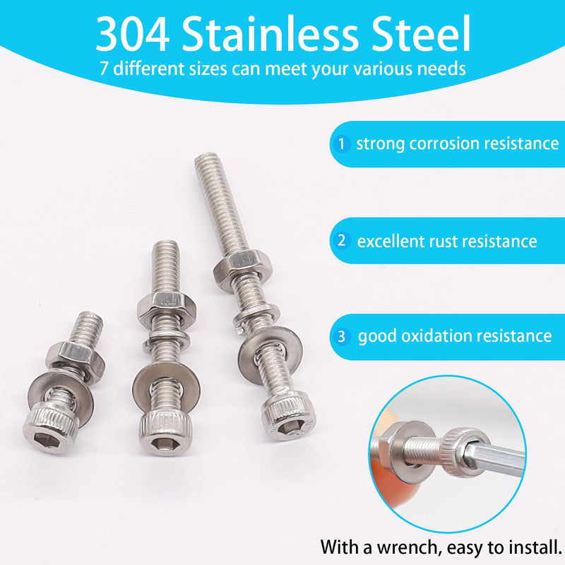 550PCS M3 Screw Kit, M3 x 6/8/12/16/20/25/30mm Hex Socket Head Cap Screws Bolts Nuts Washers Assortment Kit, 304 Stainless Steel M3 Bolts with Hex Wrench
