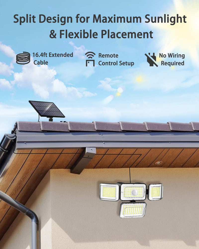 CLAONER Solar Outdoor Lights Motion Sensor 3500LM 288 LED Solar Security Lights with Remote Control IP67 Waterproof 4 Heads Solar Flood Lights with 16.4ft Cable 4 Modes Wall Lights(2 Pack) 2 Pack