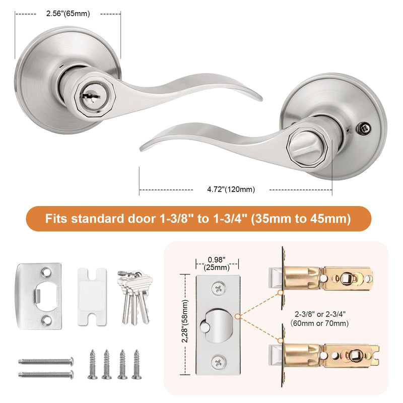Probrico (2 Pack Wave Style Keyed Alike Entry Levers, Exterior Interior Satin Nickel Keyed Door Handles with Lock and Same Keys, Reversible for Right Left Handed Doors 2 Pack