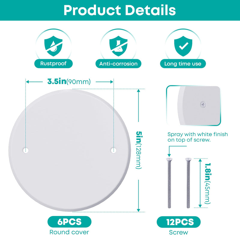 Ceiling Cover Plate，5 inch Round Outlet Covers Plate For 4 inch Electrical Box, Metal Blank Cleanout Cover Plate for Smoke Detector,Wall Light Hole, Hole spacing 3.5 inch-White(6-Pack) 5-inch-For 4 inch Electrical Box