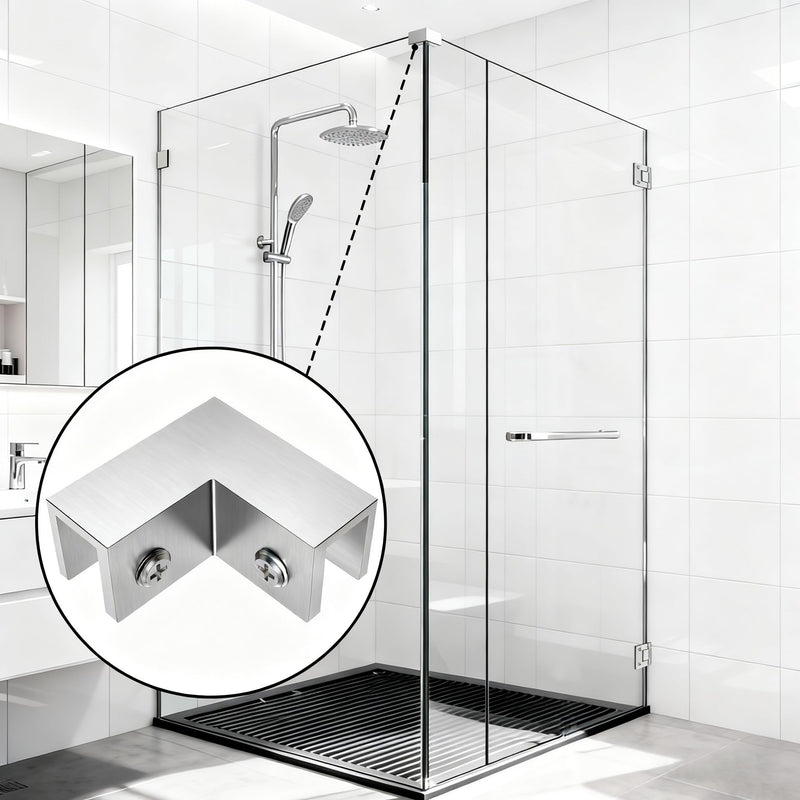 Ranbo Solid Brass 90 Degree Glass to Glass Sleeve-Over Shower Panel Clamp | heavy-duty design, fits 5/16"–1/2" (8–12 mm) thick glass, brushed nickel