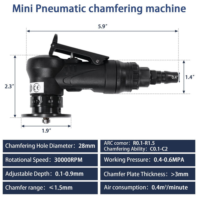 Handheld Pneumatic Chamfering Tool, 45 Degrees Arc Corner, 1/4 Inch Air Inlet, Mini Air-Powered Chamfer Machine For Metal Wood Beveling and Deburring(C&R Angle Blades) Black