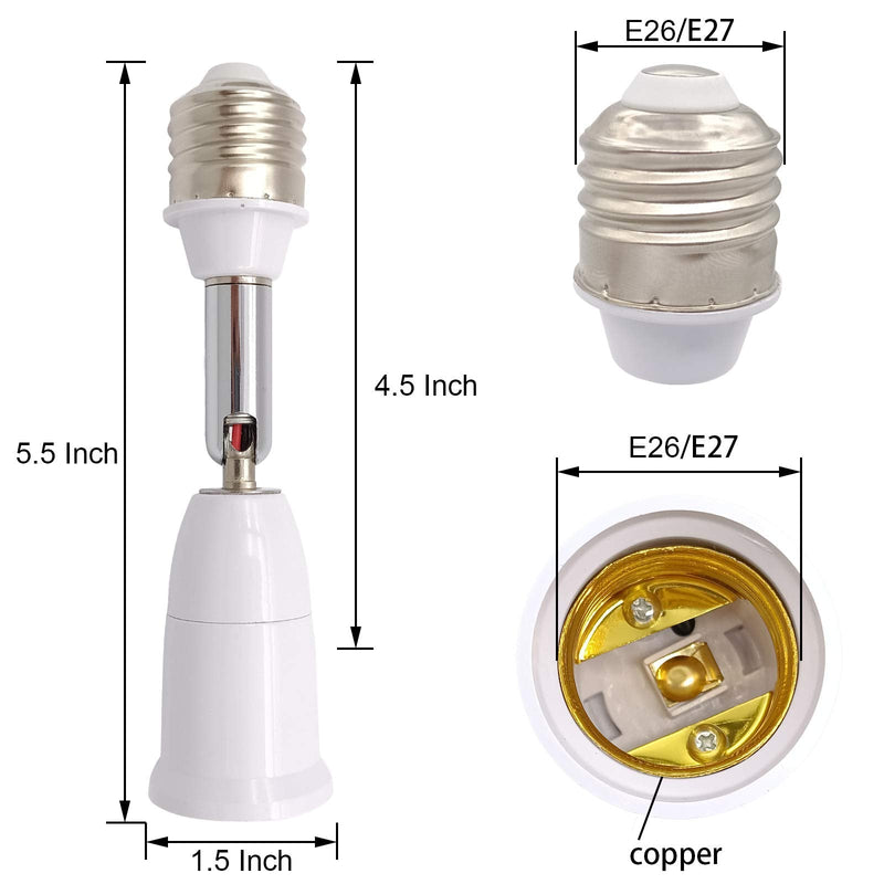 E26/E27 Light Socket Extender, 4.5 Inch Extension Socket Extender Adapter, Adjustable Vertical 180°Horizontal 360°, Flexible Medium Light Bulb Socket Converter (2-Pack)