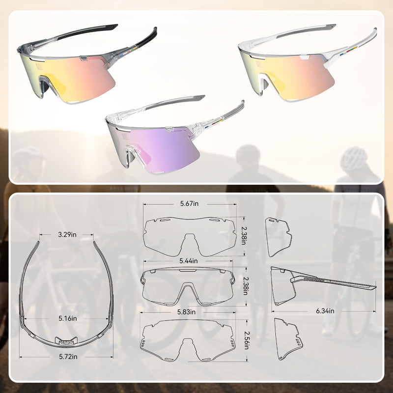 ROCKBROS Performance Cycling Glasses with 3 Interchangeable REVO Lenses, Photochromic, Polarized and Yellow White+pink