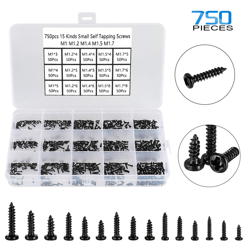 750pcs Black Tiny Screws for Electronics, M1, M1.2, M1.4, M1.5, M1.7 Very Small Phillips Pan Head Self Tapping Screws, Micro Wood Screws, Mini Electronic Screws Assortment Kit-Carbon Steel Black:M1-M1.7 Tiny Screws