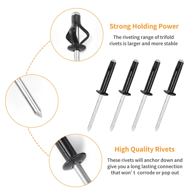 3/16" x 3/4" Tri-Fold Rivets Assortment - 60Pcs,Black Tri-fold Exploding Pop Rivets Solid Aluminum Tri Grip Rivets Bulb Style Rivets for Kayak Marine Boat 3/16"x3/4" Black