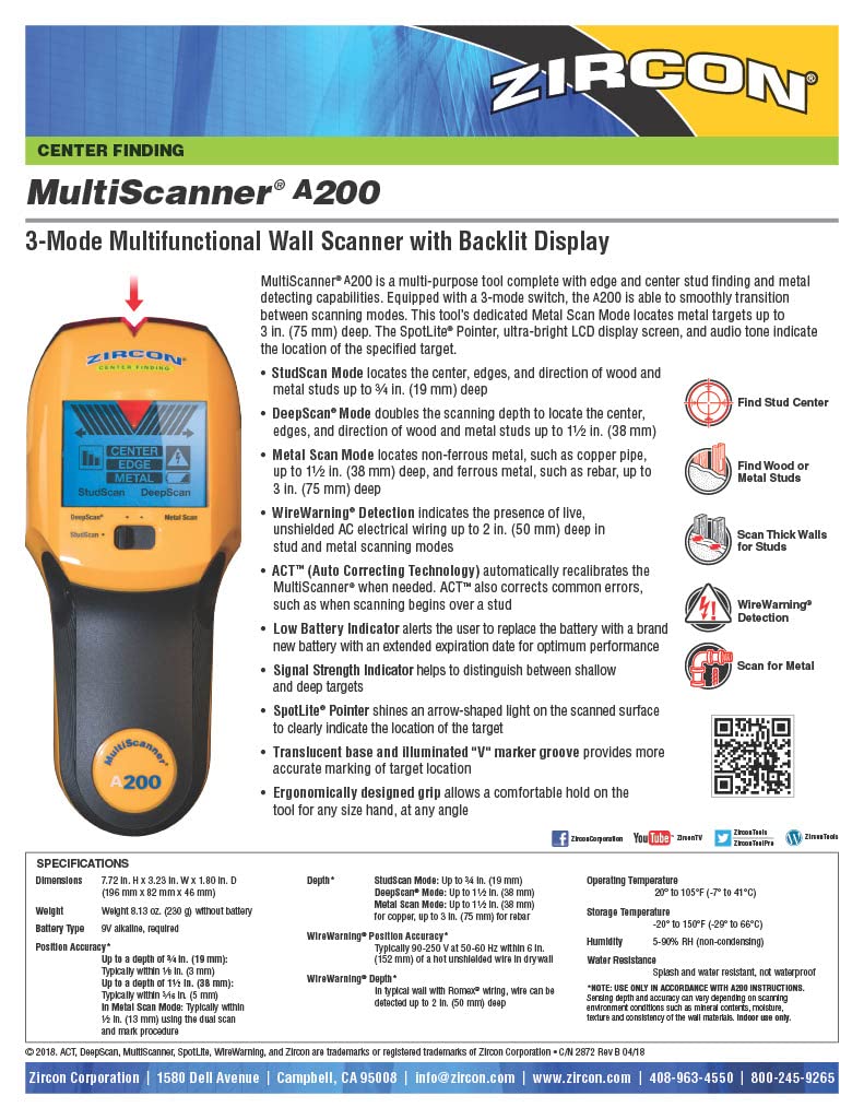 Zircon Multiscanner A200 Electronic Wall Scanner / Metal Detector/ Live AC Wire Detection With SpotLite Pointer Center Finding