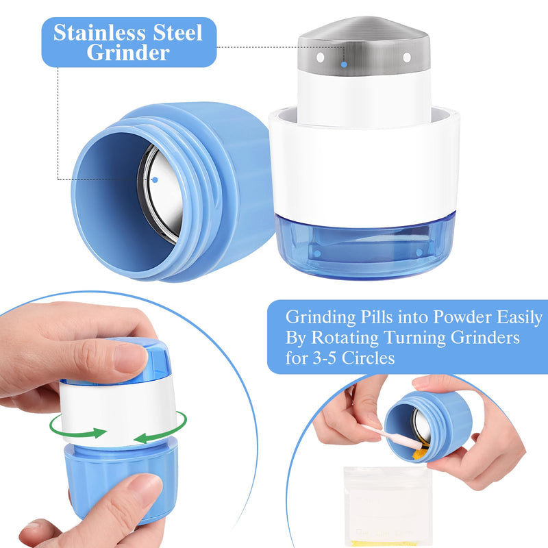 3-in-1 Pill Crusher Cutter with Storage Box, Pill Grinder with Brush Small Bags, PillCrusher Fine Powder with Stainless Steel Grinding Head for Elderly and Pets