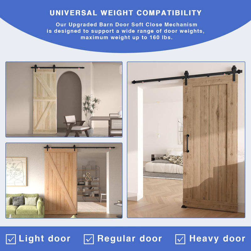 2PCS Barn Door Soft Close Mechanism, Upgraded Universal Weight Compatibility Support Door up to 160lbs, Effortless Opening Smooth Closing Hole-Free Sliding Door Hardware Spring Buffer Damper Black