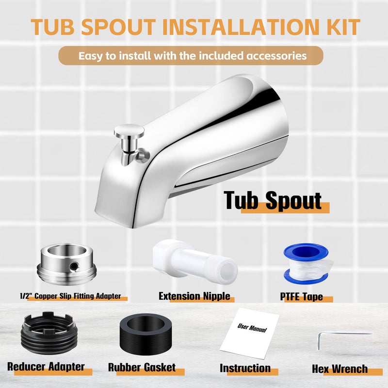Dreyoo Tub Spout (Universal Fits 1/2" Copper Pipe, 1/2" IPS and 3/4" IPS), Bathroom Bathtub Faucet with Adapters and Hex Wrench (Chrome,Simple) Chrome Simple