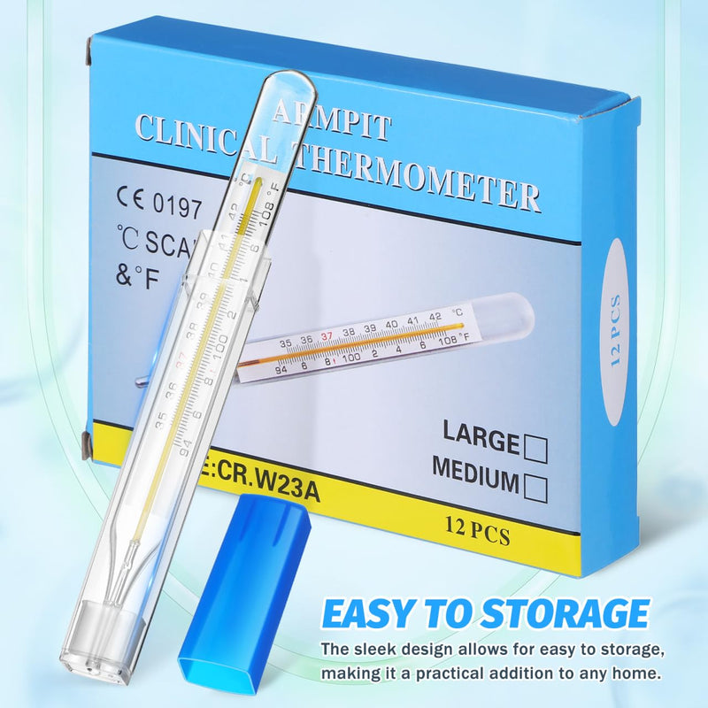 Toyvian 12-Pack Glass Thermometer for Adults Home with Dual Scale Celsius & Fahrenheit Reading Large Flat Design for Easy Holding Family Use for Kids and Elderly