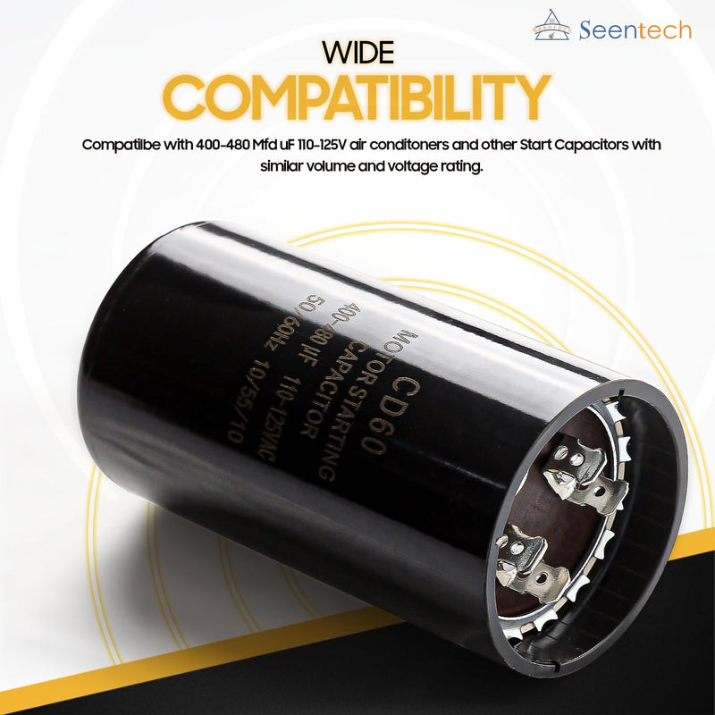 Seentech 400-480 uf/MFD 110-125 VAC ±20% Round Motor Start Capacitor 50/60 Hz AC Electric Universal Fit for AC Motor Run or Fan Start and Cool or Heat Pump Air Conditioner