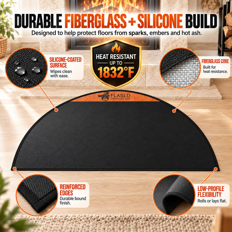 FLASLD Fireproof Fireplace Mat 28×48Inch Half Round Floor Protector 28×48 inch (Semicircular) Black with brown label