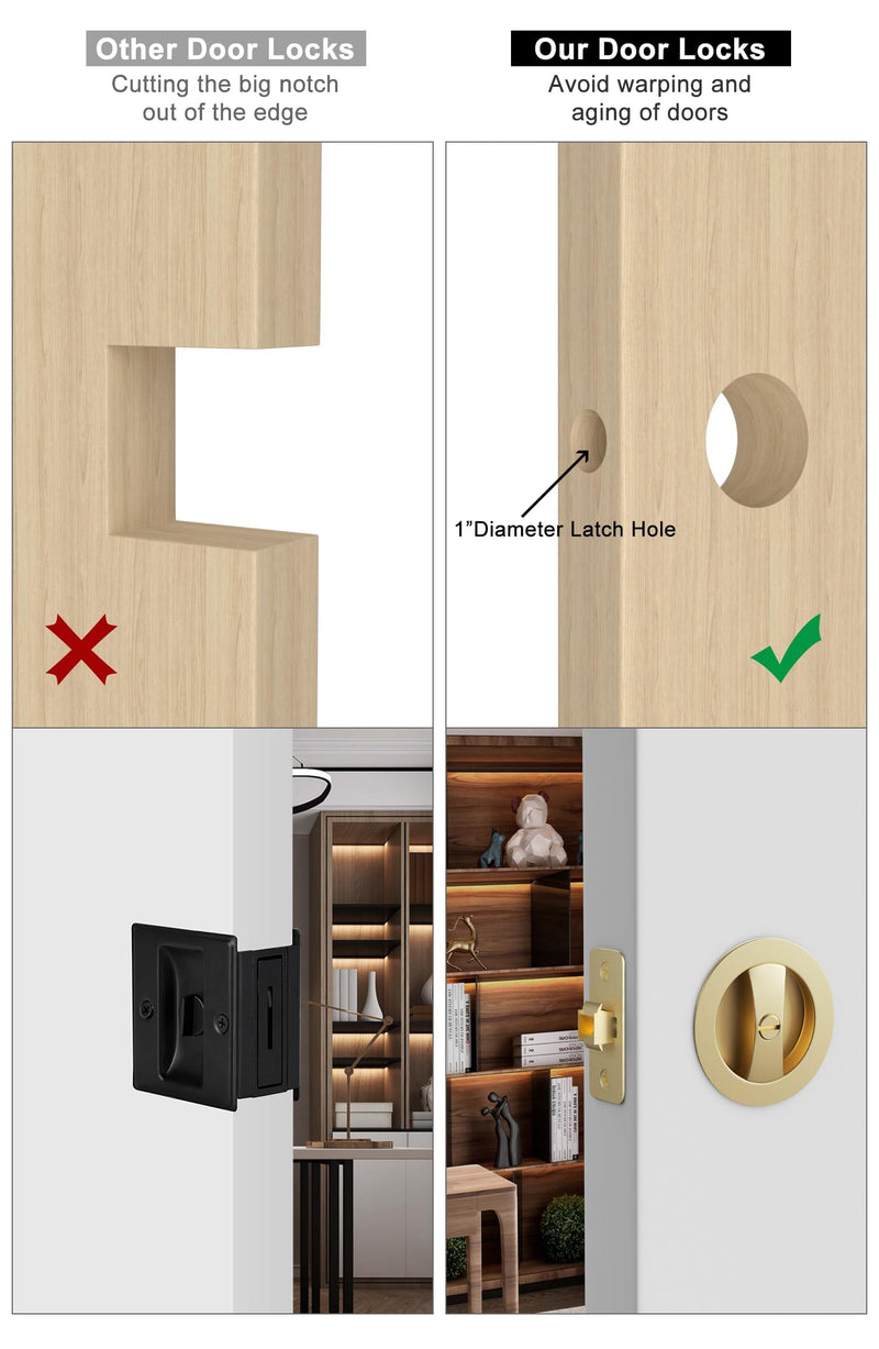 goldenwarm Brushed Gold Pocket Door Lock, Zinc Alloy Gold Pocket Door Hardware(2-3/8" Backset), Pocket Door Handles Round Pocket Door Locks for Bathroom for Closet Door Lock - 1 Pack