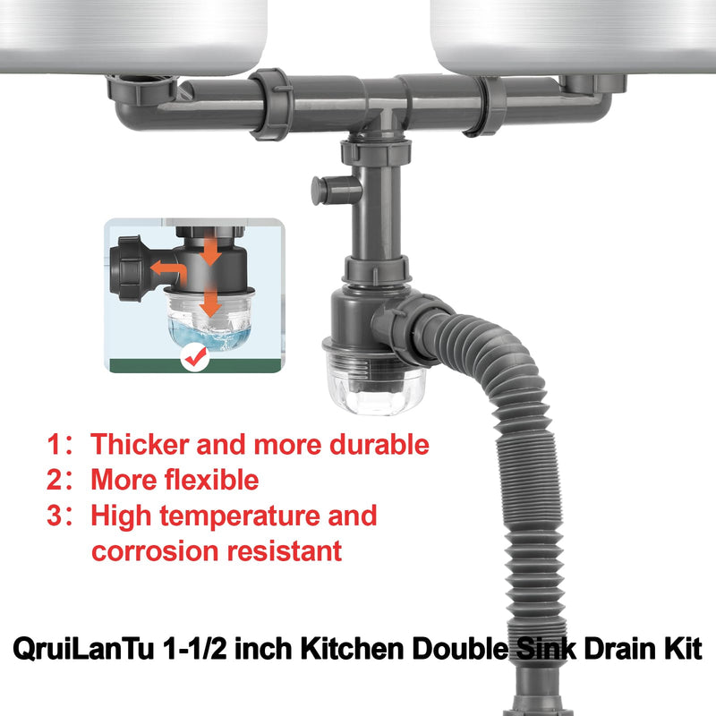 1-1/2 inch Kitchen Sink Drain Kit, space-saving kitchen drain with P-trap and extendable flexible hose (gourd overflow preventer) gourd overflow preventer Gray