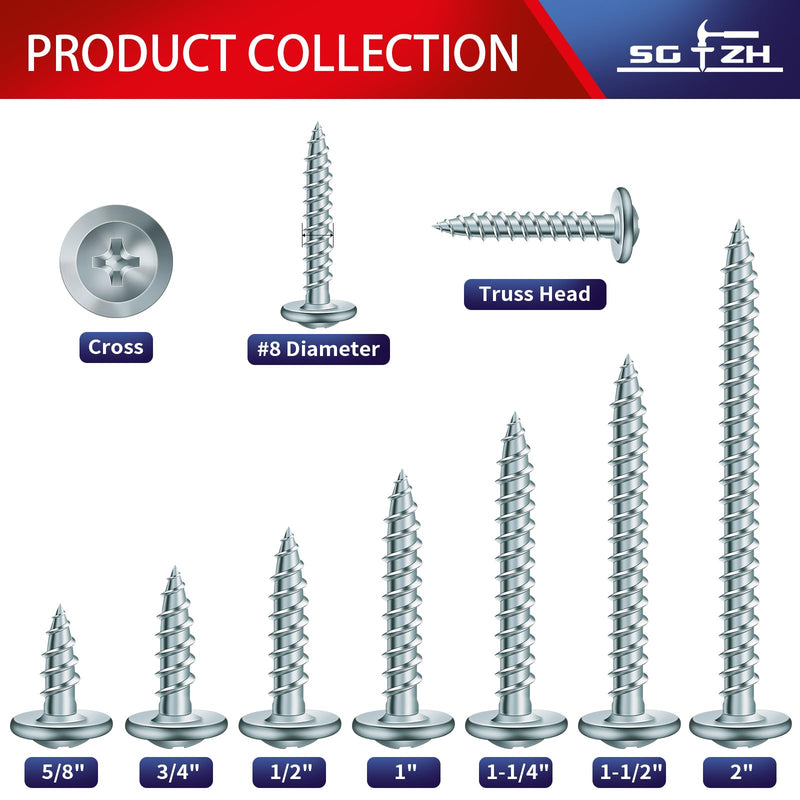 #8 x 1/2" Wood Screw 100Pcs Alloy Steel Standard Thread Truss Head Fast Self Tapping by SG TZH #8 x 1/2" Silver - Alloy Steel 100