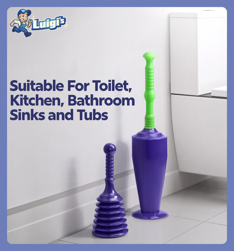 Luigi's Sink & Toilet Plunger Bundle - Heavy Duty Plungers for Bathroom & Kitchen - Toilet Plunger with Holder - Powerful & Flexible Bellows Plunger Toilets Sinks Baths & Showers Small Sink Plunger + Toilet Plunger