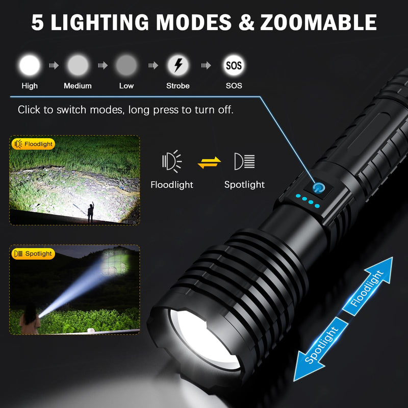 Rechargeable Flashlights 5000.000 High Lumens,Super Bright LED Flashlight for Home Emergency, Waterproof Handheld Flashlights with Pouch, 5000mAh Battery, Spotlight and Floodlight Function