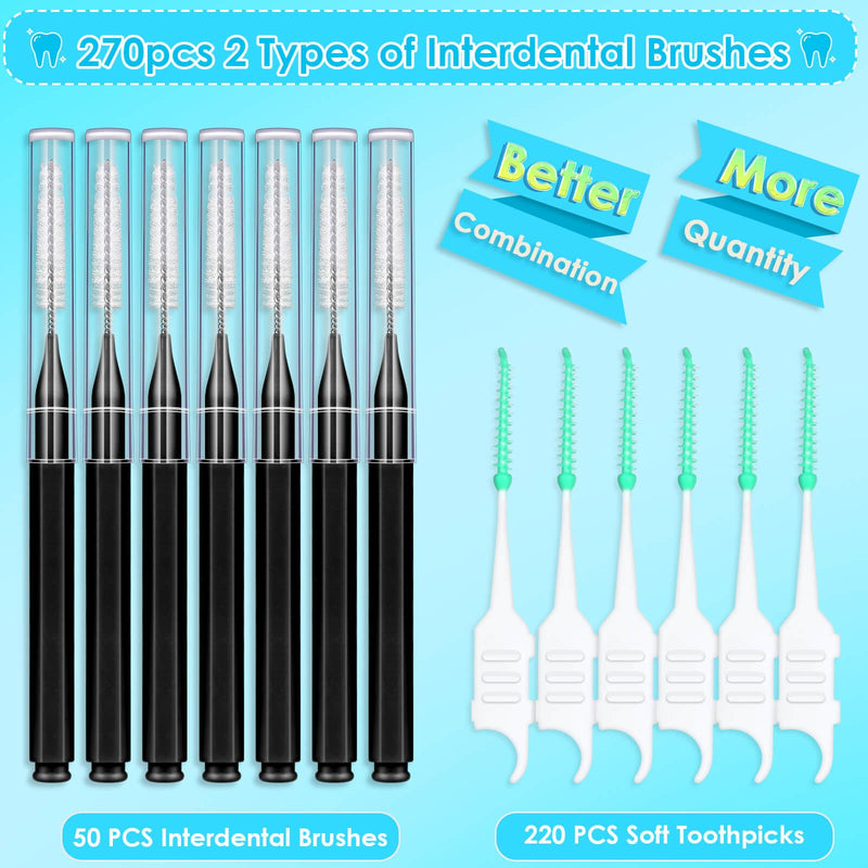 270Pcs Interdental Brush, 220Pcs Soft Dental Picks & 50Pcs Braces Brush for Teeth, Bendable Braces Flossers Heads Interdental Brushes Between Teeth Oral Tooth Braces Cleaner Kit (Black) Black