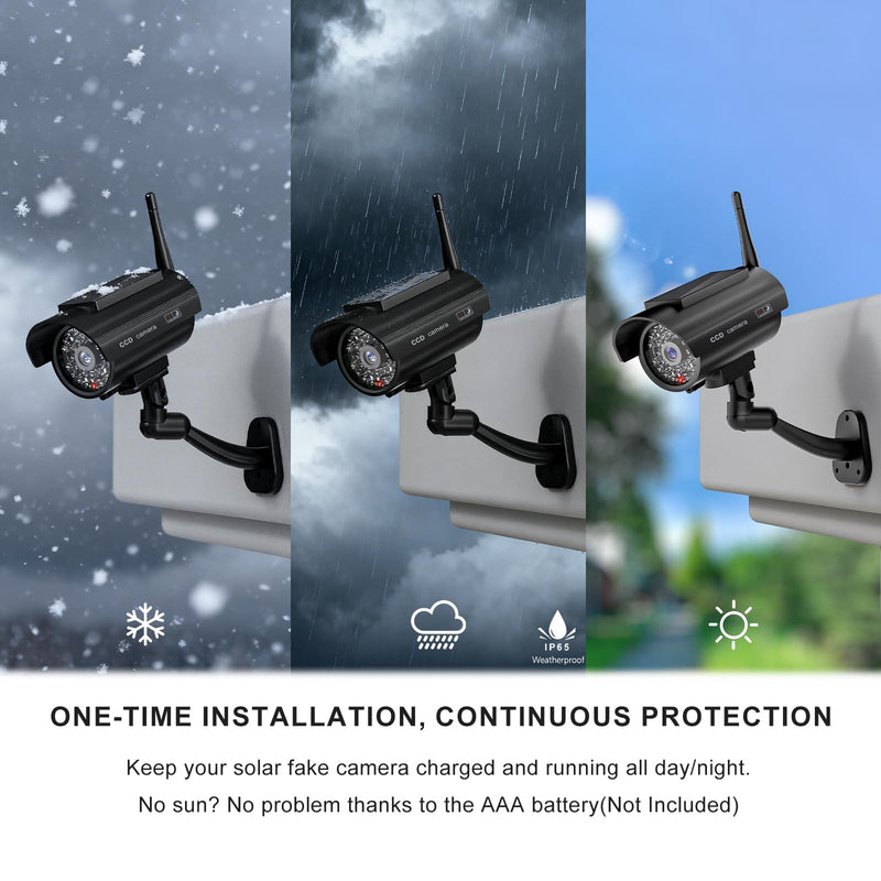 WALI Dummy Fake Camera, Solar Powered Fake Security Camera with LED Light, Simulated Surveillance Security CCTV Dome Cameras with Antenna and Warning Sticker Indoor Outdoor (SOL-TCB2), 2 Packs, Black
