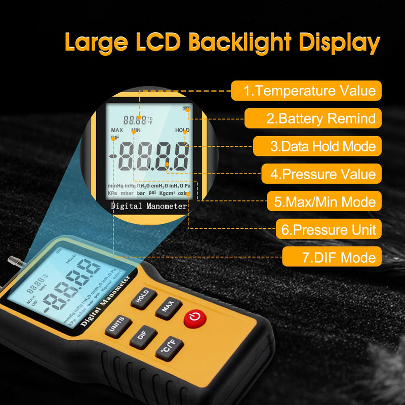 Digital Manometer Gas Pressure Tester with ±0.3% FSO Resolution, Differential Pressure Gauge with 12 Optional Units, Portable Air Pressure Gauge with LCD Backlight. YF-E2-QX1201