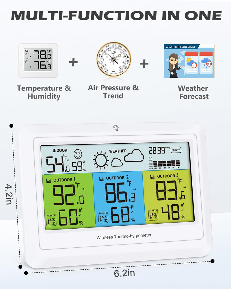 Weather Station Wireless Indoor Outdoor with 3 Sensors, Home Weather Stations Digital Thermometer Humidity for Home with Alert, Barometer Pressure, Backlight, Forecast Station
