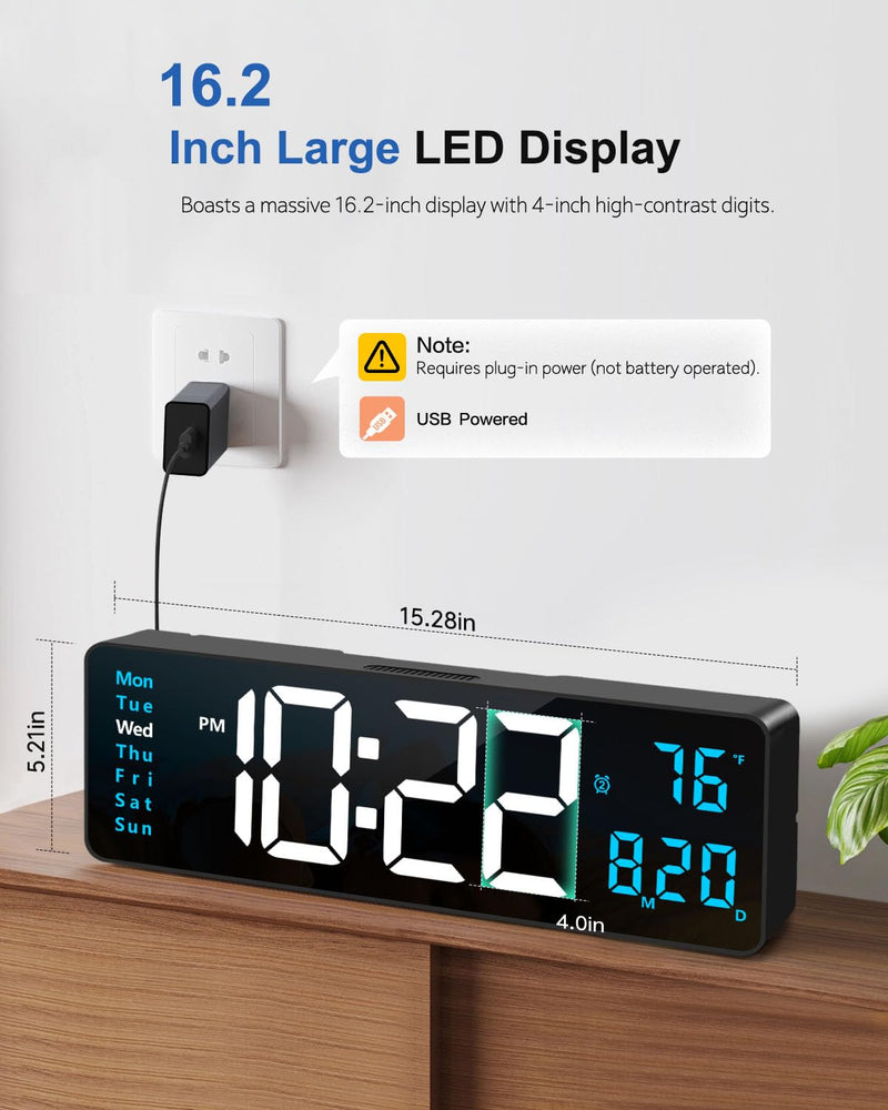 Digital Wall Clock, 16" Large Display Digital Clock with Night Light, Wall Clock with DST, Alarm, LED, Date, Week, Temp for Living Room, Bedroom, Classroom Decor, Birthday Gift for Senior Mom Dad Blue