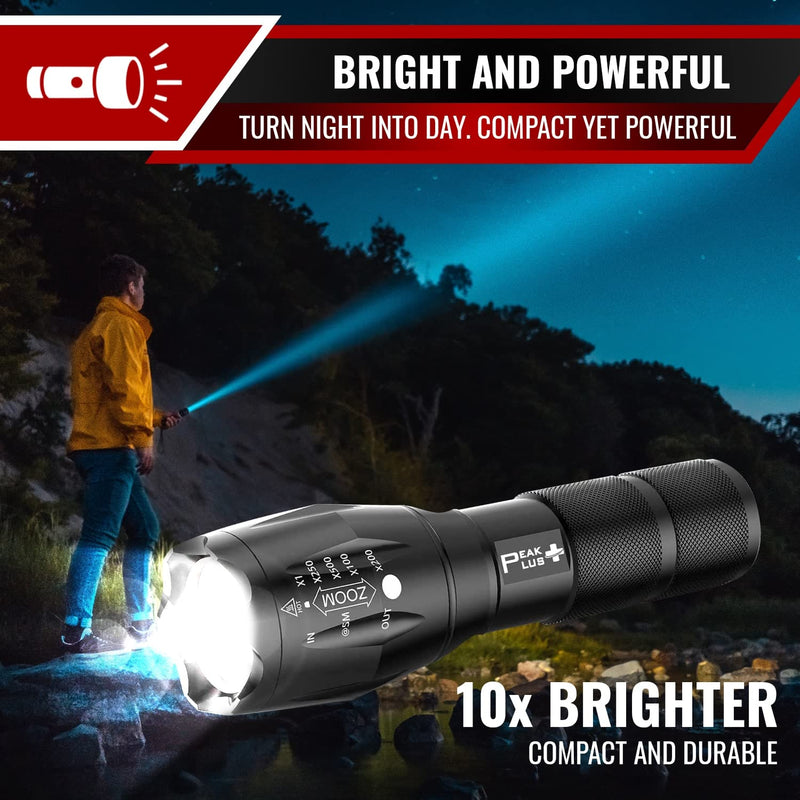 PeakPlus LED Flashlights High Lumens, Tactical Flash Lights [4 Pack] - Super Bright Waterproof Zoomable 5 Modes - Powerful Handheld Flashlight for Emergencies, Camping, Outdoor, Dog Walking 4 PACK
