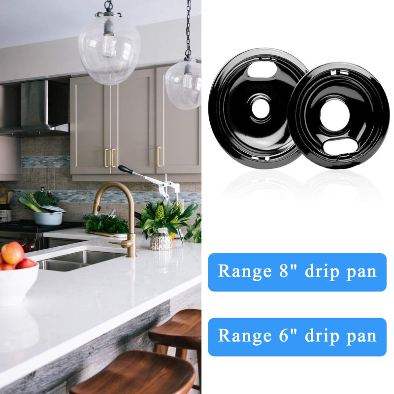 W10290350 W10290353 Burner Porcelain Drip Pans Set Replacement by APPLIANCEMATES Fits whirlpool Electric Range Stove Top Drip Bowls 4-Pack Includes 1 Large 8-Inch and 3 Small 6-Inch (Black)