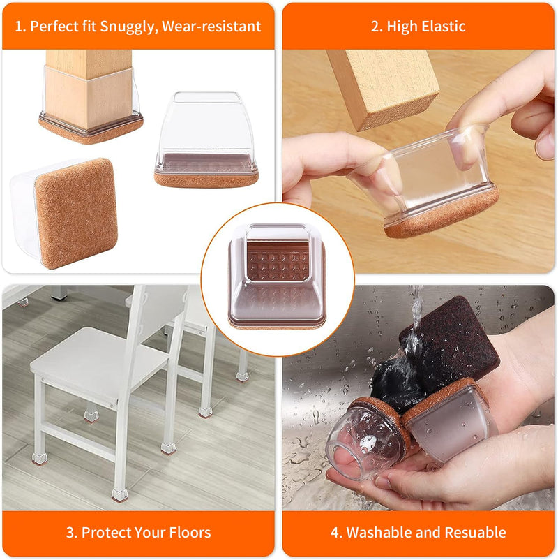 24 PCS Clear Square Silicone Chair Leg Floor Protectors with Felt, Floor Protectors for Chair, Felt Furniture Pads, Chair Leg Caps Covers, No Scratches and Reduce Noise (Fit: 1.1''–1.45'', Clear) L(Fit: 1.1"-1.45")