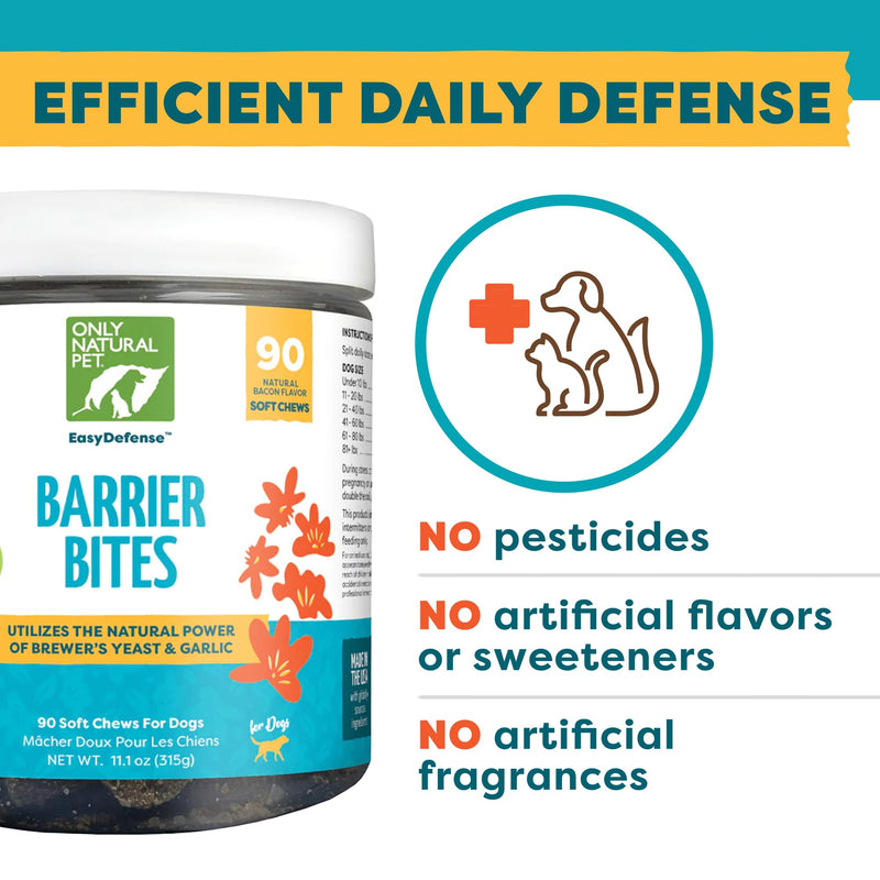 Only Natural Pet EasyDefense Barrier Bites Soft Flea Chews for Dogs - First Line of Defense Againts Fleas & Ticks, Boosts Immune System and Healthy Skin & Coat - (90 Bacon Flavored Soft Chews) 1 Pack 90 Count (Pack of 1) - PawsPlanet Australia
