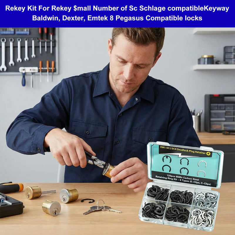 120PCS KW1 SC1 SC4 Retainer Clips - 65Mn Carbon Steel E/C-Clips for Kwikset Schlage Lock Rekey Kit