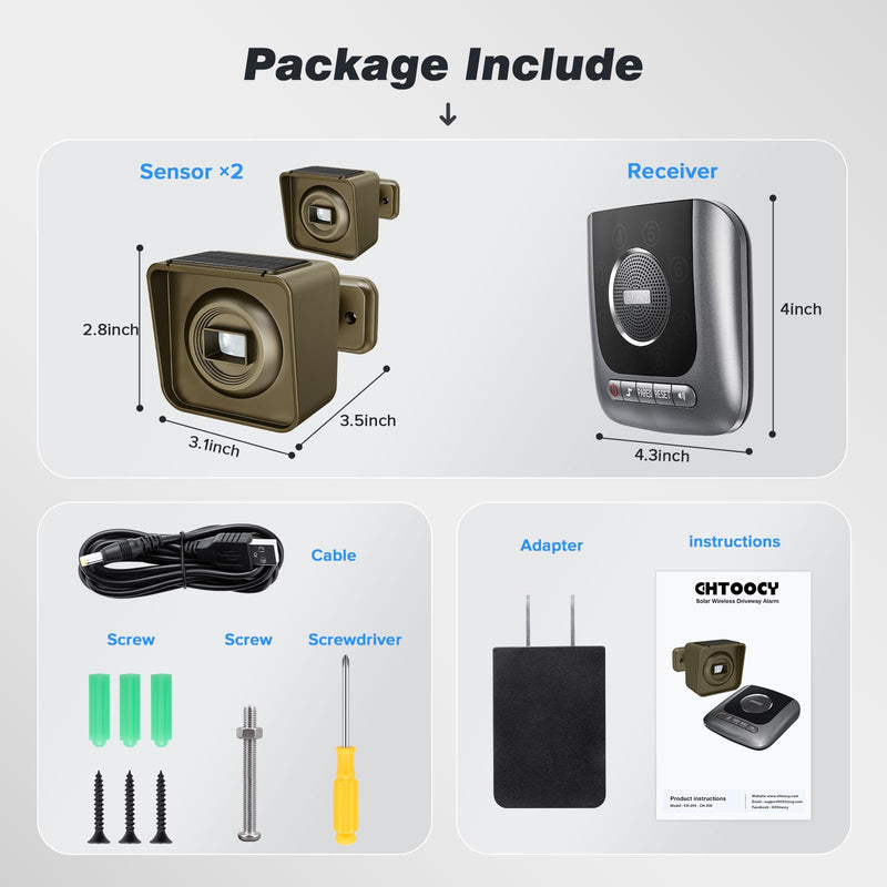 Solar Driveway Alarm Wireless Outside 1/2 Mile Long Range, 3 Sensitivity & Weatherproof for Outdoor/Indoor Property Security Alarm, Rechargeable Battery Expandable Motion Detector & Sensor 1 Receiver & 2 Sensors