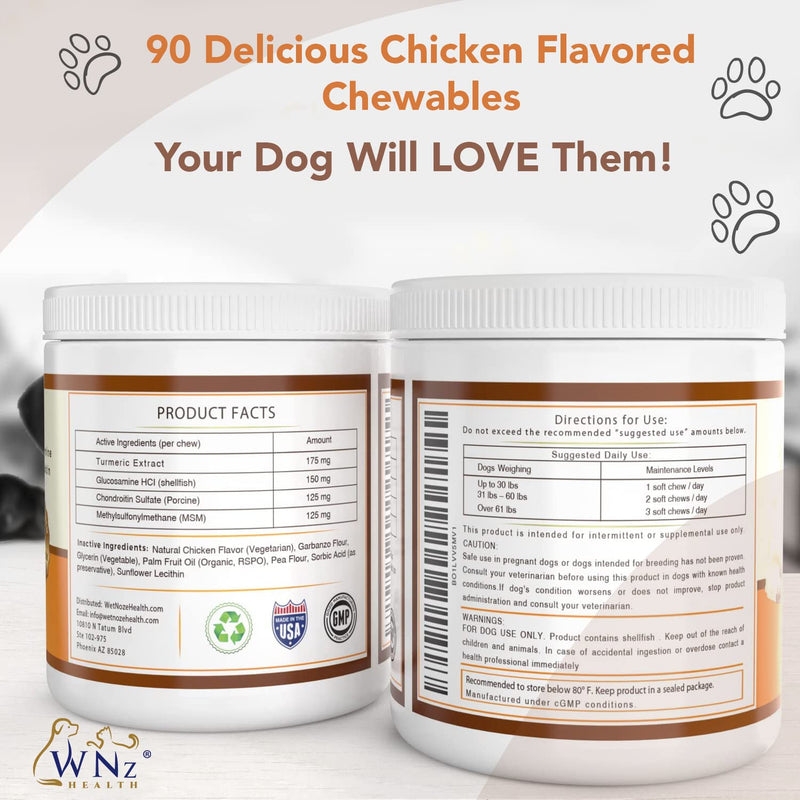 Turmeric Hip and Joint Chews for Dogs, Dog Chews for Mobility Support, Cartilage Health & Dog Joint Pain Relief, Anti-Inflammatory MSM, Glucosamine and Chondroitin for Dogs, 90 Chews, 8 Oz - PawsPlanet Australia