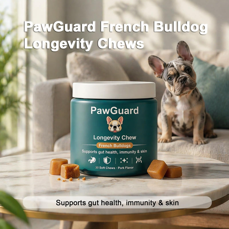 PawGuard French Bulldog Longevity Chews, Breed-Specific Formula Supplement for Bulldogs' Probiotics Chews, Supports Gut Health, Immunity & Skin, Pork Flavor, 30 Count (1 PC) 1 PC