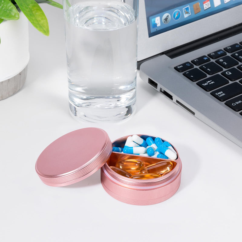Metal Pill Case 2 Compartment - Waterproof Pill Box for Daily Travel, Pocket Purse Pill Container Holder Compact Medicine Organizer for Vitamins Fish Oils Medication Pink