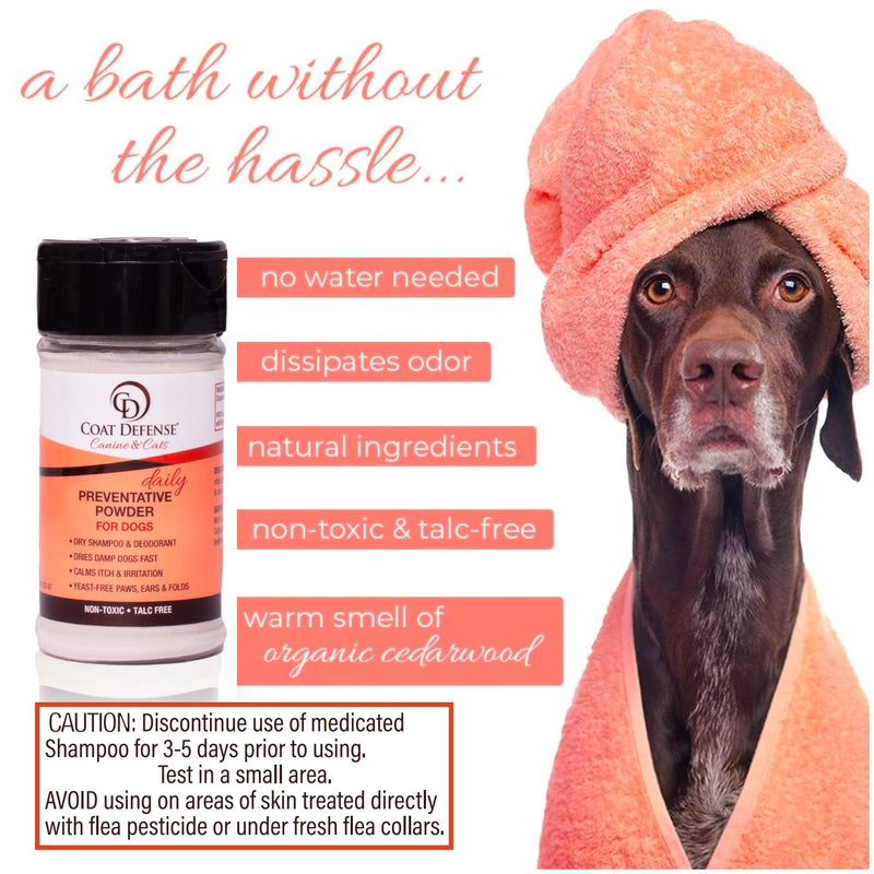 COAT DEFENSE Preventative Powder | Made in USA | 3.5oz Waterless Dog Shampoo & Pet Deodorizer for Smelly Dogs | Provides Anti Itch Relief | Dog Shampoo for Dry Itchy Skin & Dog Shampoo for Smelly Dogs