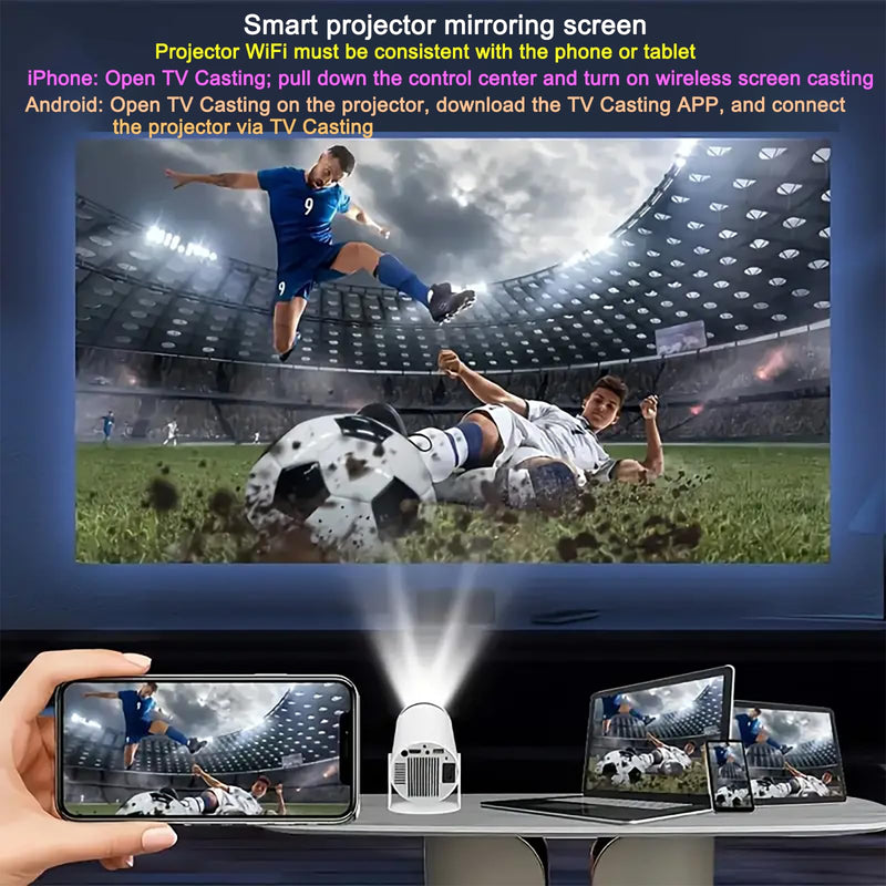 HY300 Projector with WIFI6 and Bluetooth, 4K 1080P Support with Android TV 11.0, Mini Portable Projector 180° Rotatable Movie Projector ,Auto Keystone Compatible for Laptop, PC, Smartphone White