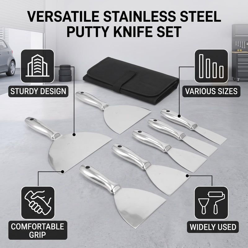 7-Piece Stainless Steel Putty Knife Set, 1.5-8 inch Blades, Paint Scraper Kit with Storage Bag
