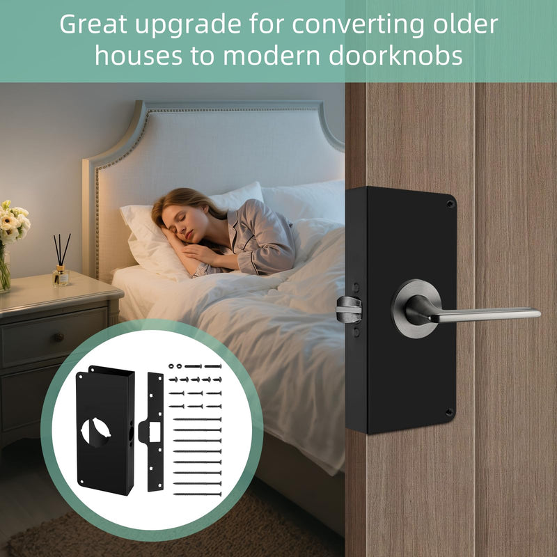 Door Lock Reinforcement Plate U 9585 1-3/8 inch x 9 inch Thick Stainless Steel and U 9476 Maximum Security Latch Strike (1-1/4 in. x 7-7/8 in.) Black