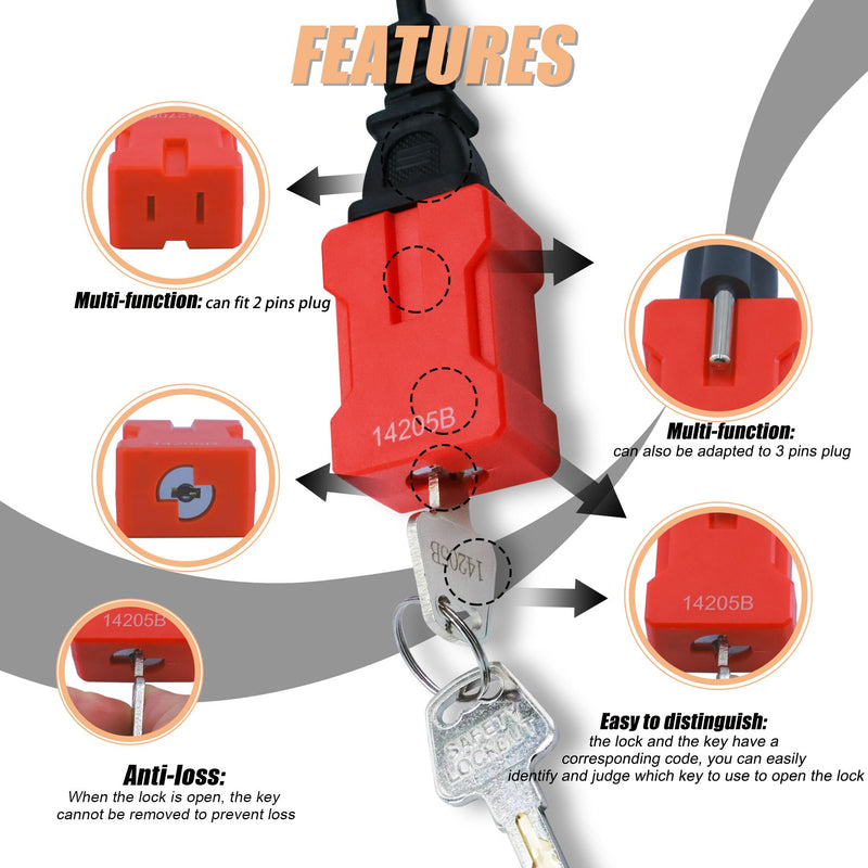4PCS Plug Lock Electrical Cord Plug Lockout Device Plug Locking Safety Locks Fits 2 & 3 Prong Plugs Electrical Shutdown Service Keyed Different, 2 Keys Red-4