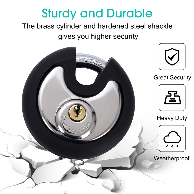 DAYGOS Outdoor Padlock for Storage Unit, Waterproof Stainless Steel Disc Lock with Rubber Bumper for Sheds,Gate and Fence, Heavy Duty Discus Keyed Pad Lock (3/8-Inch Shackle) 1 Pack round disc padlock black and silver