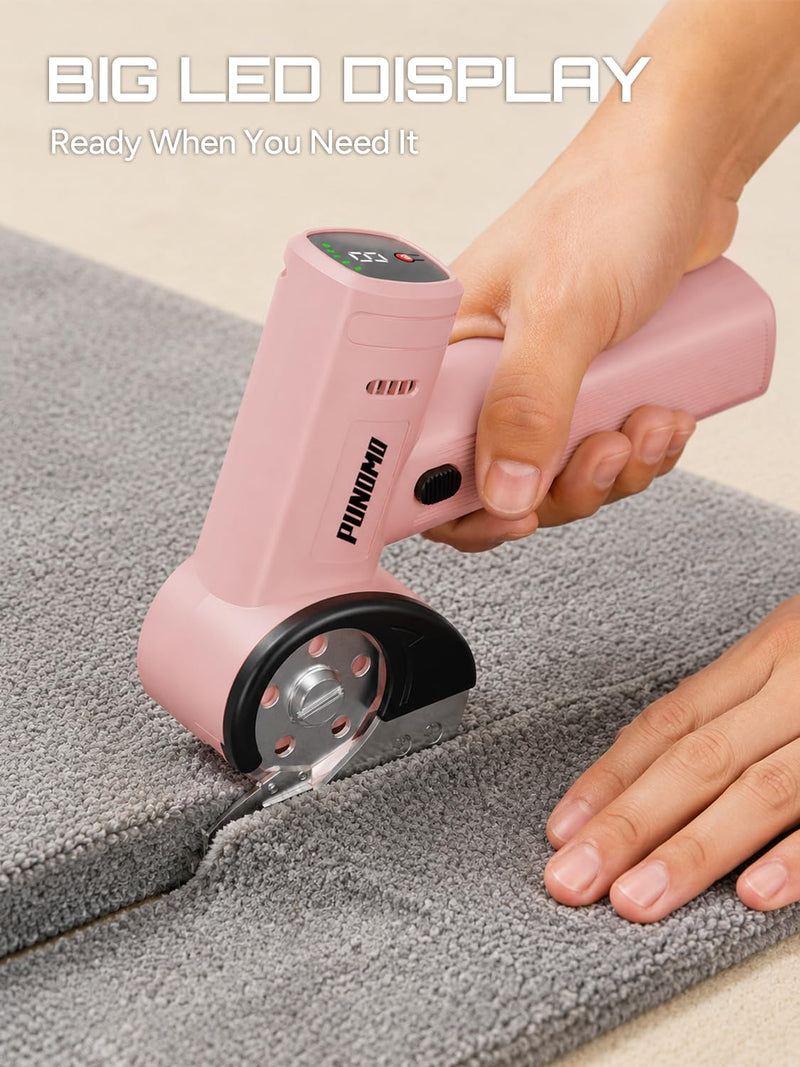 Rechargeable Cordless Electric Scissors Led Display: Electric Cardboard Box Cutter with 3 Safety Blades & Storage Pouch 5-Speed Settings - Cuts Cardboard, Leather, Fabric, and Plastic Pink