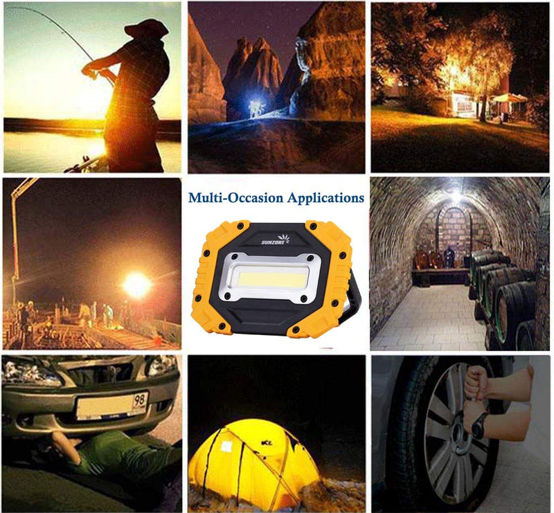 sunzone Portable LED Work Light,Flood Lights, Job Site Lighting, Super Bright Waterproof for Outdoor Camping Hiking Car Repairing Fishing Workshop Battery Included with Emergency SOS Model AA Battery model 2 Pack Yellow
