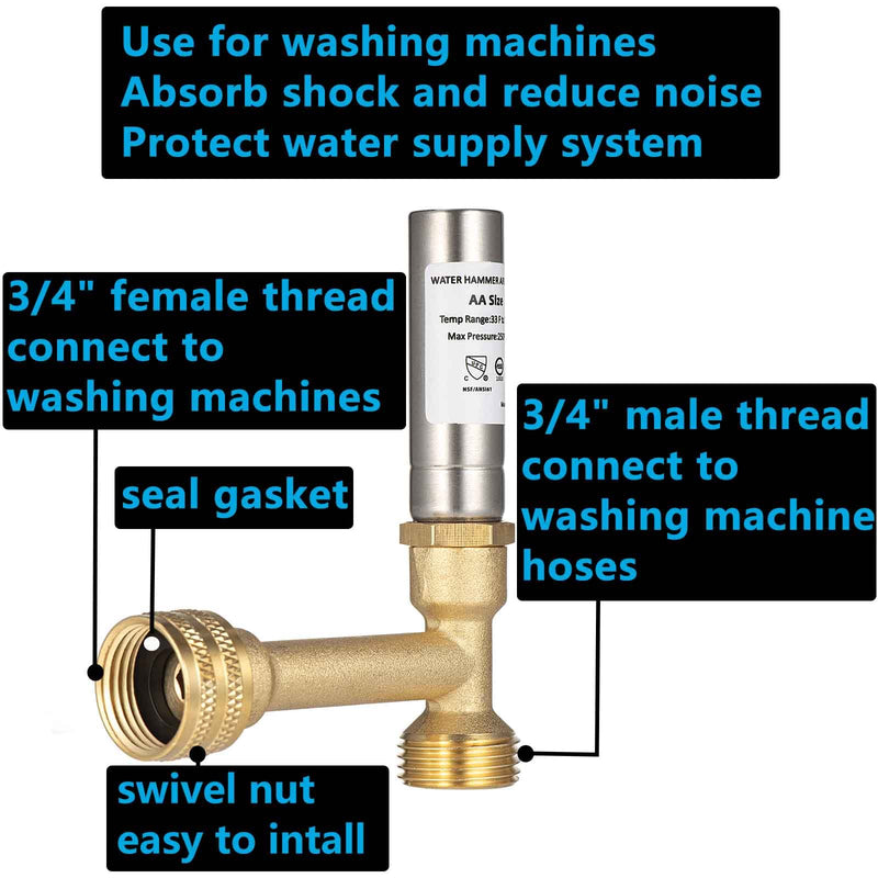 (2 Pack) Lidertik Water Hammer Arrestor Washing Machine 3/4, Absorb Shock and Reduce Noise, Laundry Washer Knock Valve Garden Hose Air Inline Sink Dishwasher LI-Y241-11-11(2 PACK) Y-Stainless steel-2 Pack
