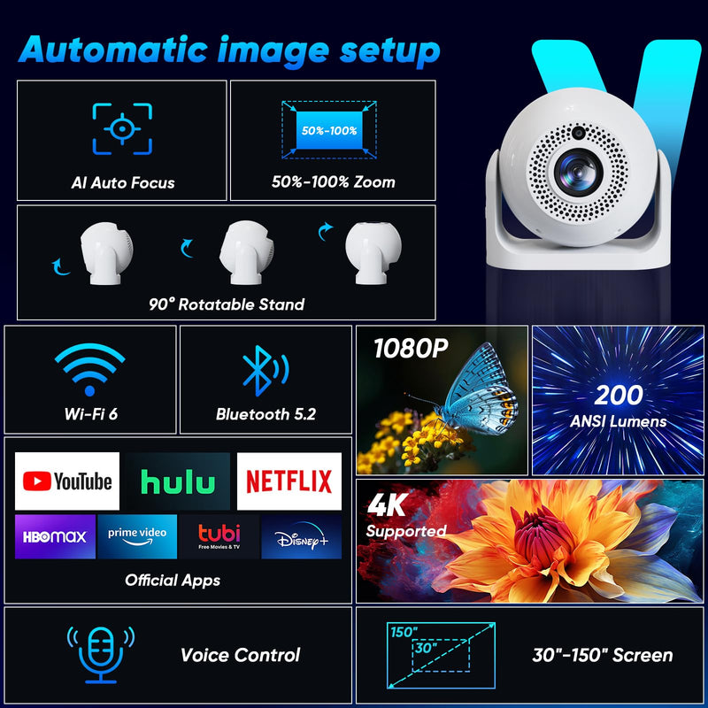 Mini Projector with WiFi and Bluetooth Auto Focus & Vertical Keystone Smart Portable Projector Android 13 with Built in Apps 1080P HD 4K Support w/ HDMI/USB Supported Home Movie Projector (White) White