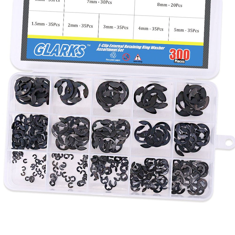 Glarks 300-Pieces 10 Size Black Alloy Steel E-Clip External Retaining Ring Washer Assortment Set