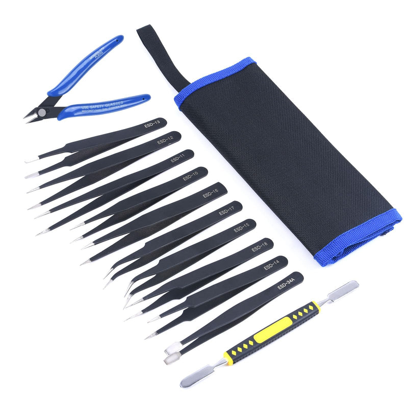 Ainiv Precision Tweezers Set, 11PCS Anti-Static ESD Tweezers Set with 1PCS Micro Wire Cutter for Modeling, Electronic Repair, Handicraft, Laboratory, Jewelry Manufacturing, Hobby etc 12pcs