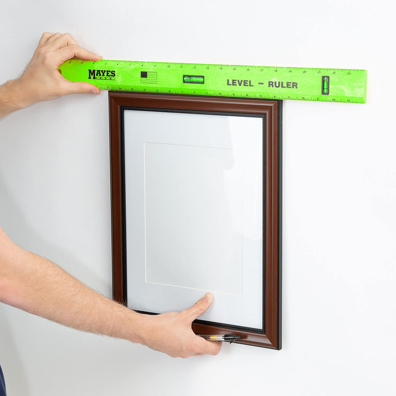 Mayes 10743 Polystyrene Level Rule, 24 Inch Leveler Tool, Straight Edge, Easy to Read Center Finding Measurements, With Plumb and Level Vials, Green Standard