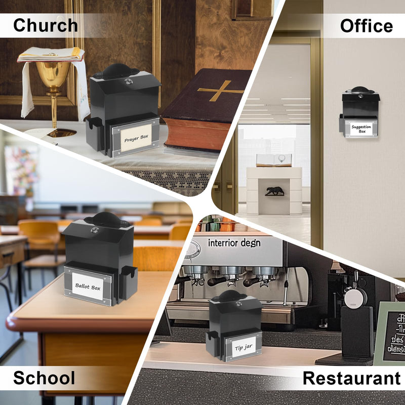 Suggestion Box with Magnetic Sign Holder, Metal Donation Boxes with Lock and Slot, Prayer Drop Ballot Raffle Tip Jars Wall Mounted Box for Fundraising Churches Offices School Black